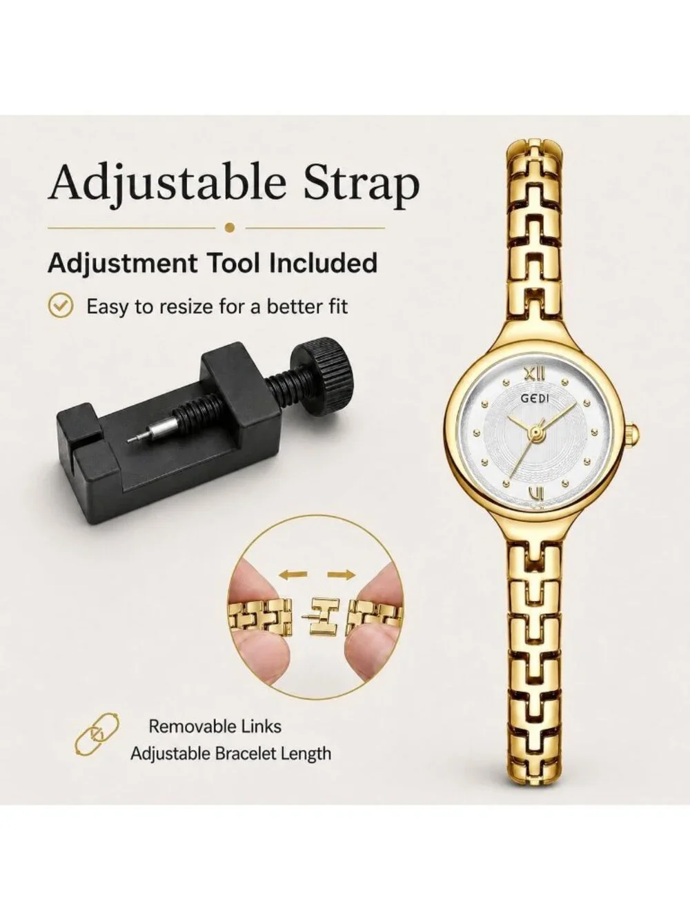 Women’s Gold White Dainty Bracelet Quartz in Small Round Dial Alloy Band Watch